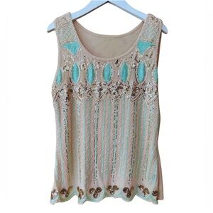 Beaded Cream and Aqua Sleeveless Top